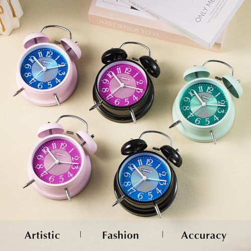 rjuwurv 4-Inch Twin Bell Alarm Clock - Silent Non-Ticking with Night Light, Pink