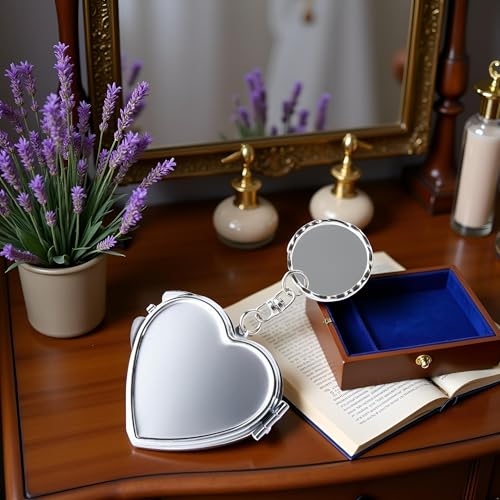 Heart Shaped Compact Mirror with Keychain Portable Folding Metal Pocket Mirror