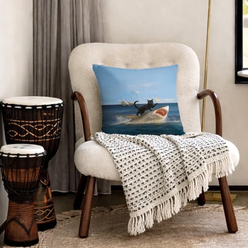 Funny Black Cat & Shark Pillow Cover 18x18 - Quirky White Cat Design