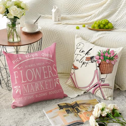 Hello Love Pink Tulips Throw Pillow Covers - Set of 4, 18"
