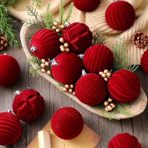 24 Pc Christmas Red Burgundy Velvet Ball Ornaments - 2.76 Inch Flocked Holiday Decor