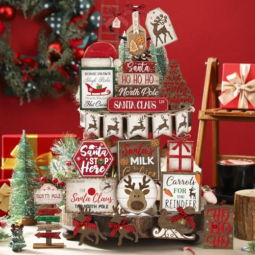 Christmas Tiered Tray Decorations Set with Stand - Red & Winter Theme
