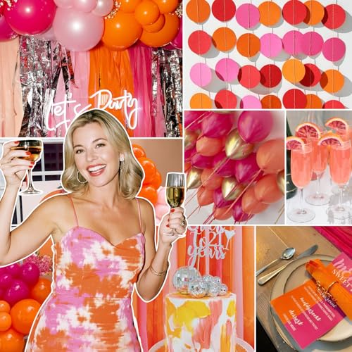 Pink Orange Birthday Decorations Kit for Women & Girls - Peach Gold Balloons, Banner, Cake Topper & Pom Poms