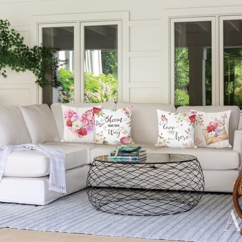 Bonhause Spring Floral Throw Pillow Covers - Set of 4, 18x18 Inch