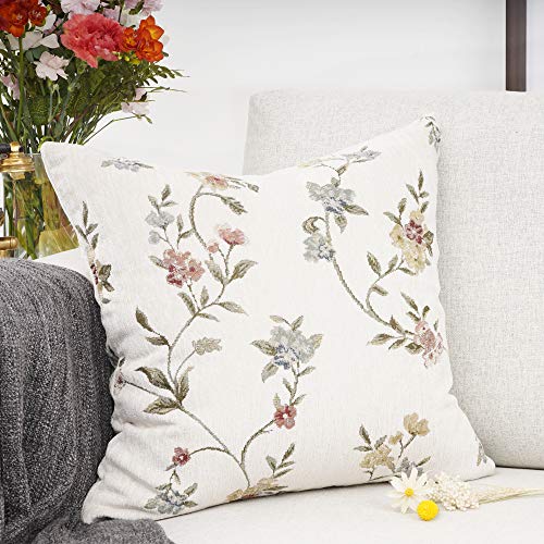 YOUR SMILE White Floral Embroidery Jacquard Throw Pillow Cover, 18x18 Inch