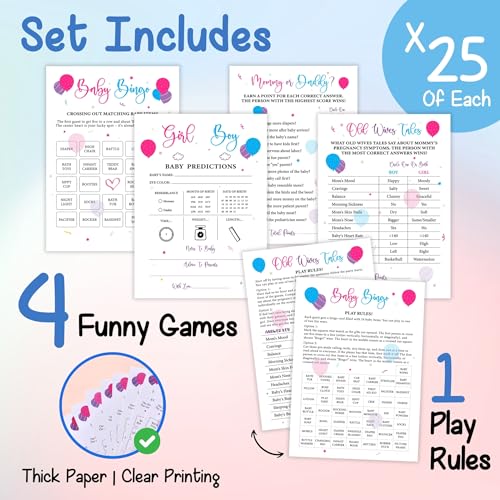 Baby Gender Reveal Games Set - 50 Double-Sided Cards, 4 Fun Activities