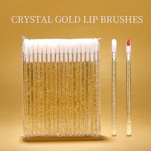 50PCS Disposable Crystal Lip Brushes - Gold Handle Makeup Applicator Wands