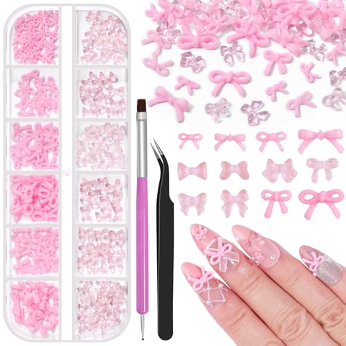 Pink Bow Nail Charms Kit - 3D Resin Kawaii Bowknot Gems with Tweezers and Brush