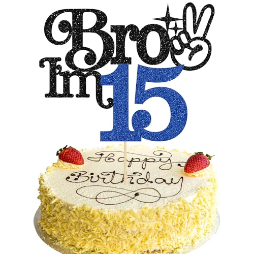 Brother I'm 15 Cake Topper - Glitter Happy 15th Birthday Decoration | Blue & Black