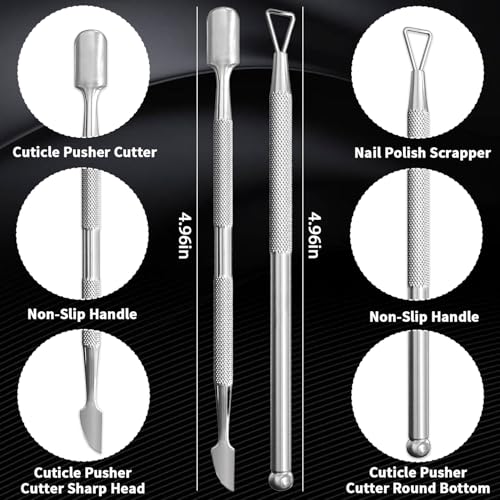 Stainless Steel Cuticle Pusher and Remover Tool 2-Pack with Case