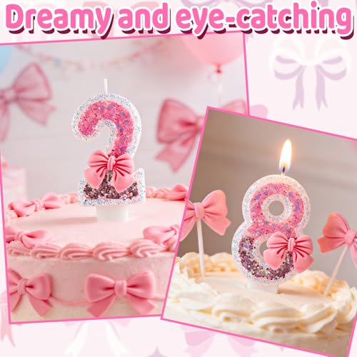 Pink Bow Number 2 Birthday Candle Glitter Cake Topper for Girls Party