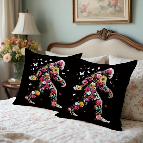 Bigfoot Pillow Cover 18x18 - Boho Floral Sasquatch Decor
