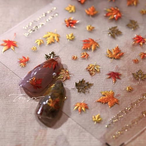 5D Embossed Fall Maple Leaf Nail Stickers Autumn Decals