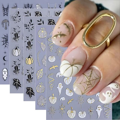Sutaozhi 5Pcs Fall & Halloween Nail Art Stickers 3D Self-Adhesive Pumpkin Maple Leaf Decals