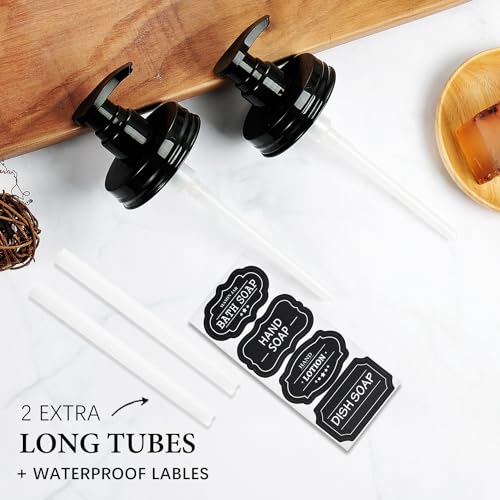 Amolliar Mason Jar Soap Dispenser Pump Lids - 2 Pack, Black, Regular Mouth