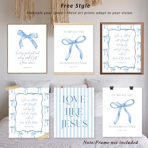 Blue Bow Wall Art Set - 4PCS Bible Verse Posters for Bedroom Decor