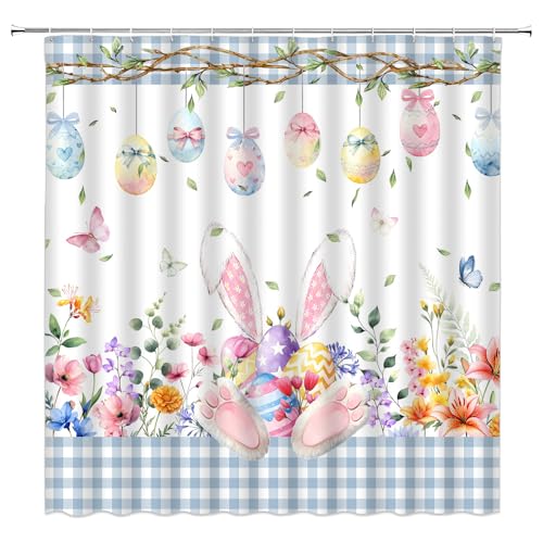 AEMBEE Easter Shower Curtain - Cute Bunny & Floral Blue Plaid, 70"x70"