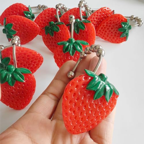 Rustproof Strawberry Shower Curtain Hooks Set of 12 - Cute Kids Bathroom Decor