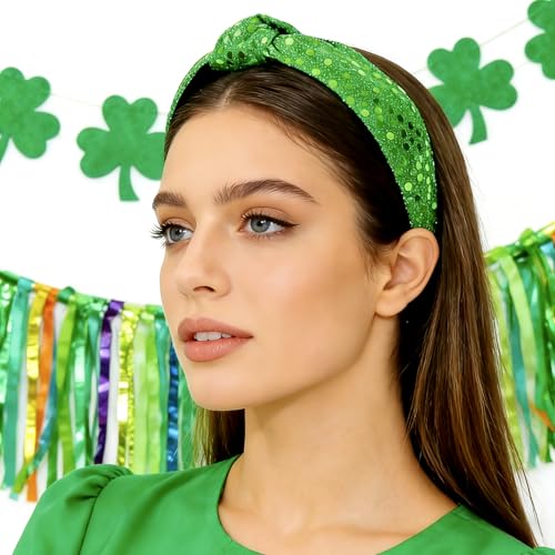 St. Patrick's Day Green Top Knot Headband Sequin Hair Accessory for Women