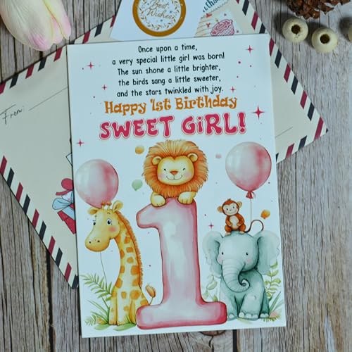 1st Birthday Card for Baby Girl with Envelope & Seal