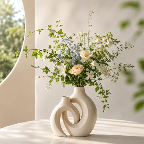 Large Cream White Ceramic Vase Set of 2 - Kurguso Boho Decor