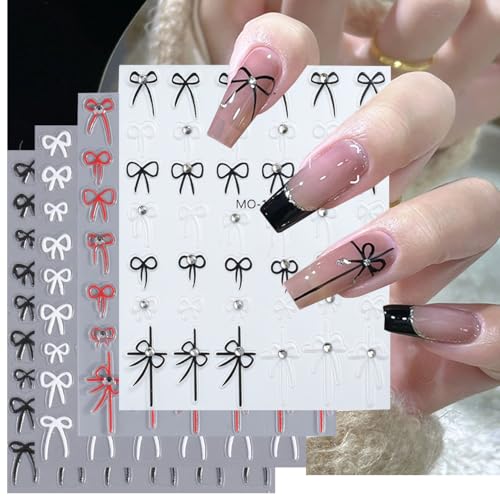 3D French Bow Nail Art Stickers - Self-Adhesive Red White & Black Bow Decals (4 Sheets)