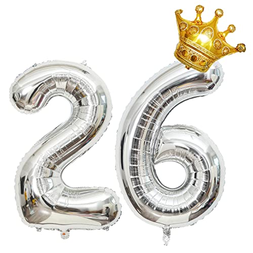 32 Inch Silver Number 26 Foil Balloon with Mini Crown for Birthday Party