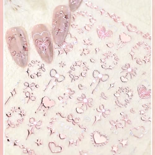 5D Embossed Valentine Nail Stickers Rose Gold Heart Bow Decals