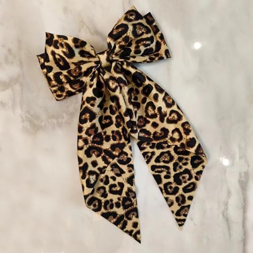 JazSwirl Large Leopard Print Hair Bow Clip, Oversized Satin Cheetah Bow