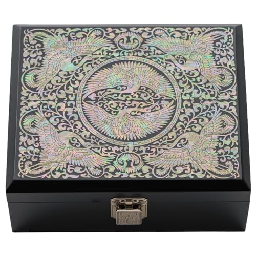February Mountain Korean Mother of Pearl Crane Jewelry Box - Handmade Lacquer Keepsake with Mirror - Elegant Gift for Women & Men