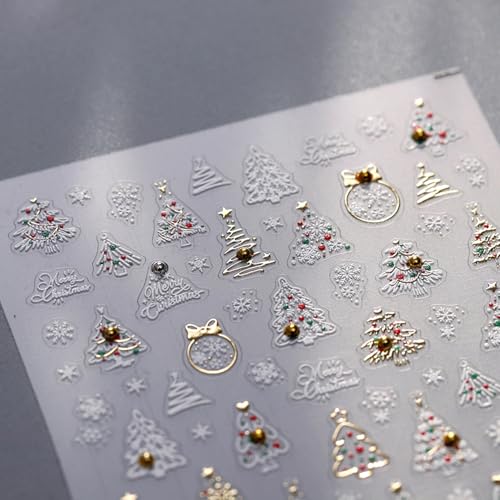 5D Embossed Christmas Nail Art Stickers White Gold Xmas Tree Decals