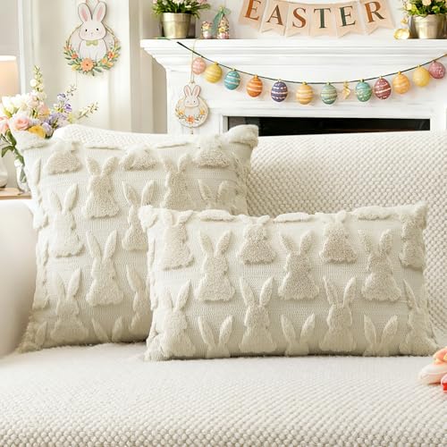 OTOSTAR Cream Beige Bunny Easter Throw Pillow Cover 20x20 Plush Faux Fur