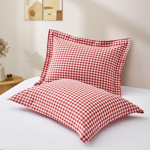 Red Plaid Gingham Pillowcases Set of 2 - 20x26 Inches, Farmhouse Style