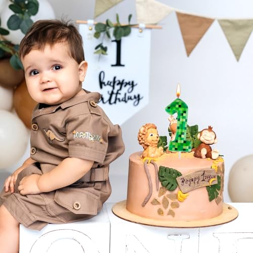 Pixel Miner Number 1 Birthday Candle - Green TNT Theme Cake Topper