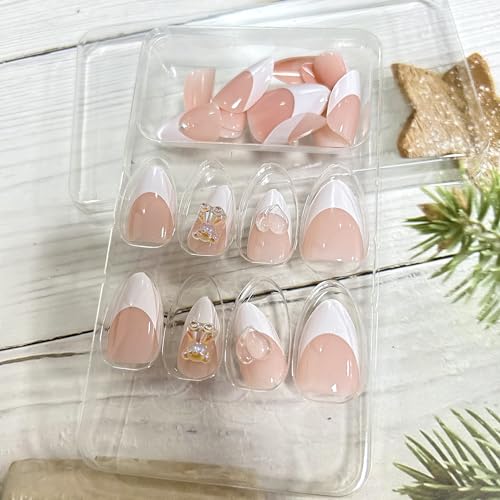 TBRZTR White French Press On Nails Almond 3D Bear Pearl False Nails Kit