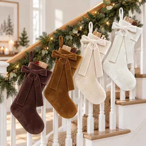 YUJUN 4 Pack 18in Brown Velvet Christmas Stockings Holiday Decor