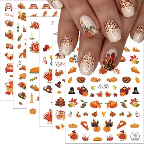 Fall Nail Stickers 6 Sheets Thanksgiving Turkey Pumpkin Autumn Decals