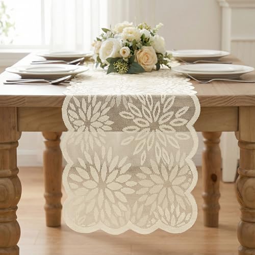 Artoid Mode Lace Jacquard Dahlia Spring Table Runner 13x72 Inch Beige
