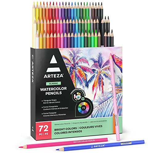 ARTEZA 72 Watercolor Pencils, Water Color Pencils in Assorted Shades, Triangular Shape Drawing Pencils