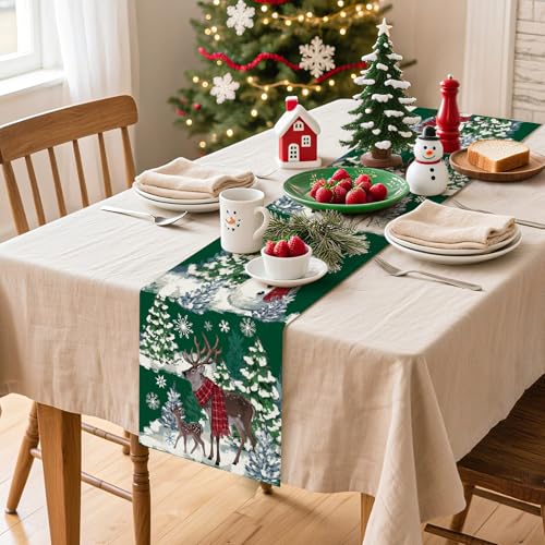 Artscope Reindeer Snowman Christmas Tree Table Runner 13x120 Inch - Green Holiday Decor