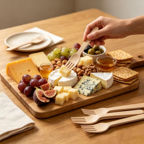 100 Biodegradable Wooden Forks - 6 Inch Disposable Utensils for Parties