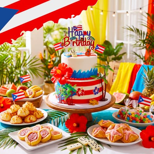 Puerto Rican Birthday Cake Topper Set with Glitter Decorations - Cultural Celebration