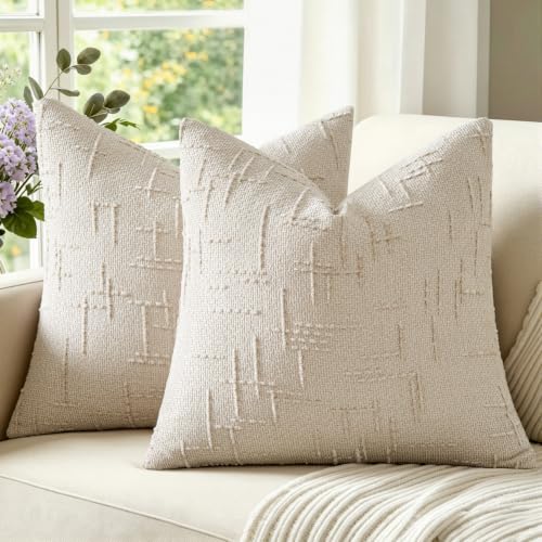 VISIONTEX Textured Chenille Throw Pillow Covers, 18x18 Beige Set of 2