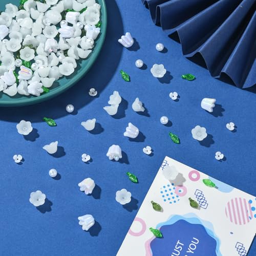 BEEFLYING 180Pcs Glass Flower Leaf Beads & Acrylic Pearls for Jewelry Making