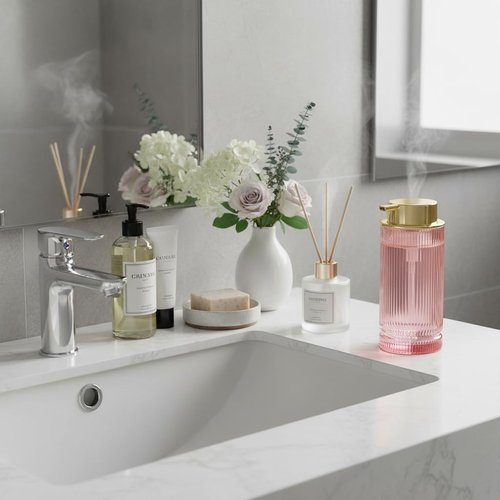 Tonxus Foaming Soap Dispenser, Pink Glass Foam Hand Soap Dispenser with Gold Pump, 14 Oz Bathroom Refillable Liquid Lotion Pump Ribbed Bottle Container for Kitchen Countertop Decor, 1