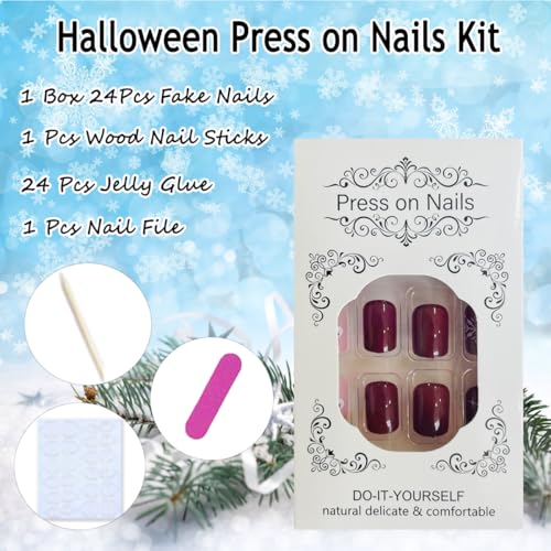 Christmas Press on Nails Short Square False Nails with Snowflake Design