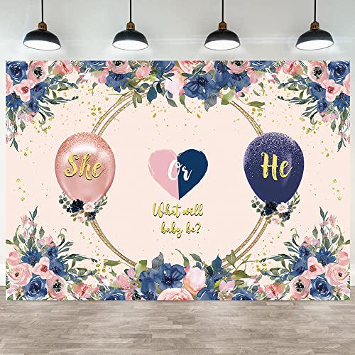 Navy and Blush Floral Gender Reveal Backdrop Banner - 70.8 x 47.2 in