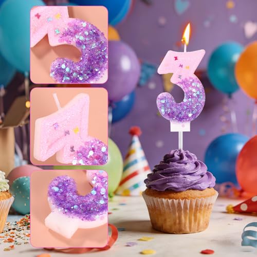 Glitter Pink & Purple Number 3 Birthday Candle Topper