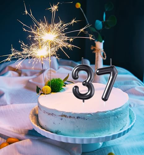 Glitter Black Number 37 Birthday Candles - 2 Pack for Celebrations