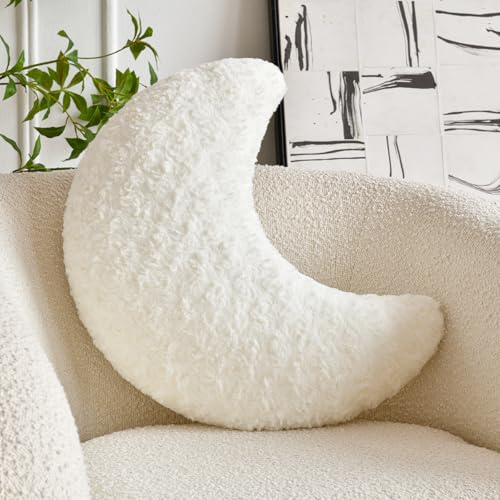 Moon Shaped Faux Fur Throw Pillow - Soft Decorative Half Moon Cushion, White